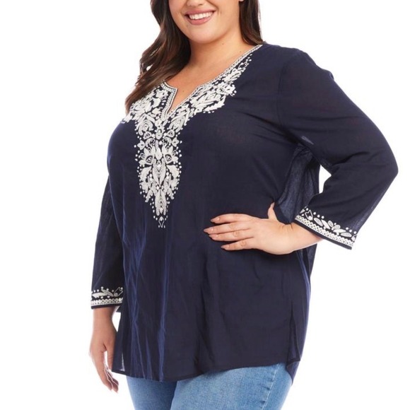 Karen Kane Tops - Karen‎ Kane Embroidered Tunic Top Navy Blue 1X NWT Luxury Boho Chic $158